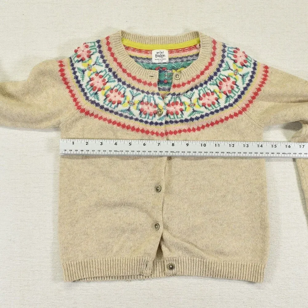 Mini Boden Girls Fair Isle Cardigan Sweater Oatmeal Beige Yoke Button Front 9-10